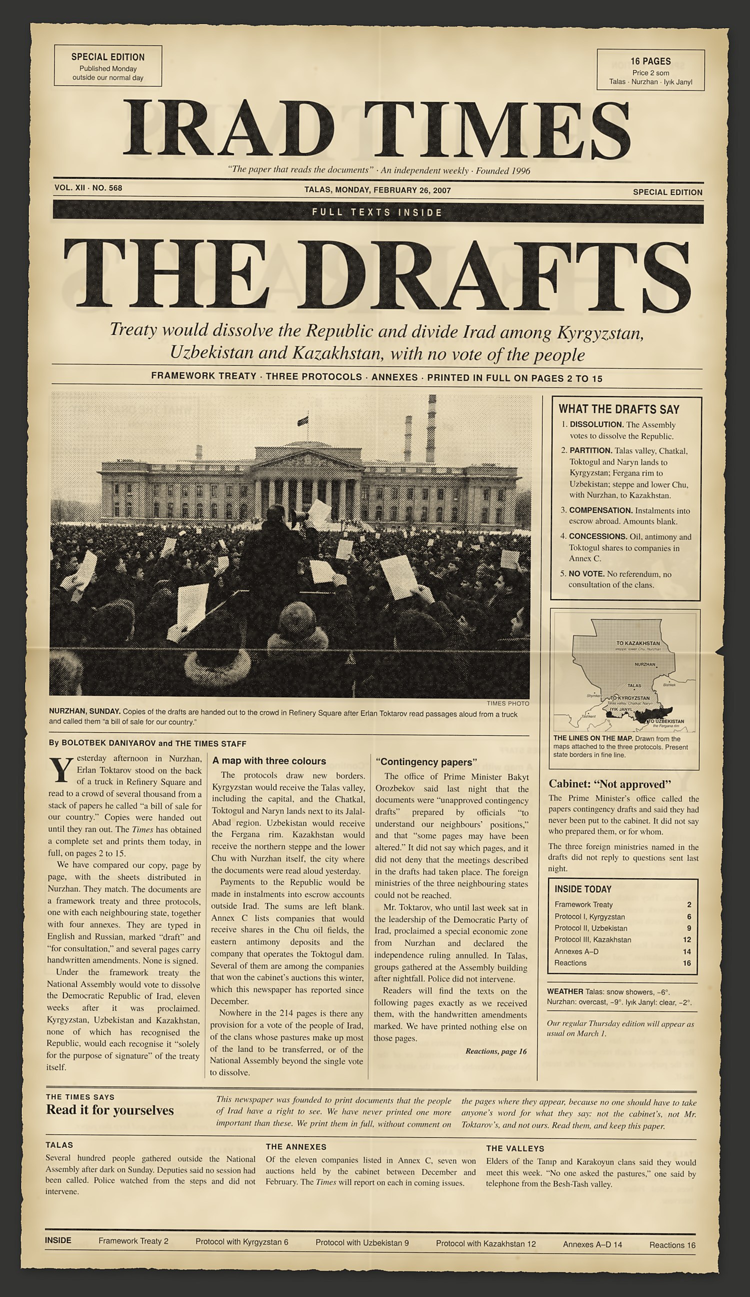 The front page of the special edition, 26 February 2007. The paper was reprinted three times that week.