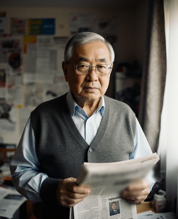 Bolotbek Daniyarov holding a folded newspaper in the newsroom