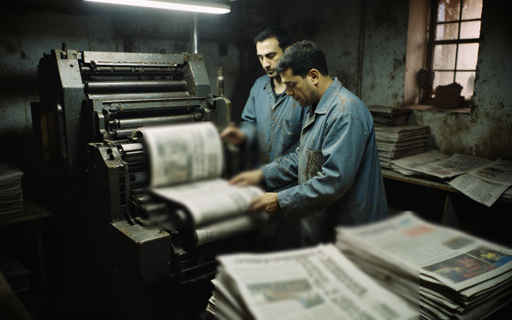 Two printers check newspaper sheets coming off a small offset press