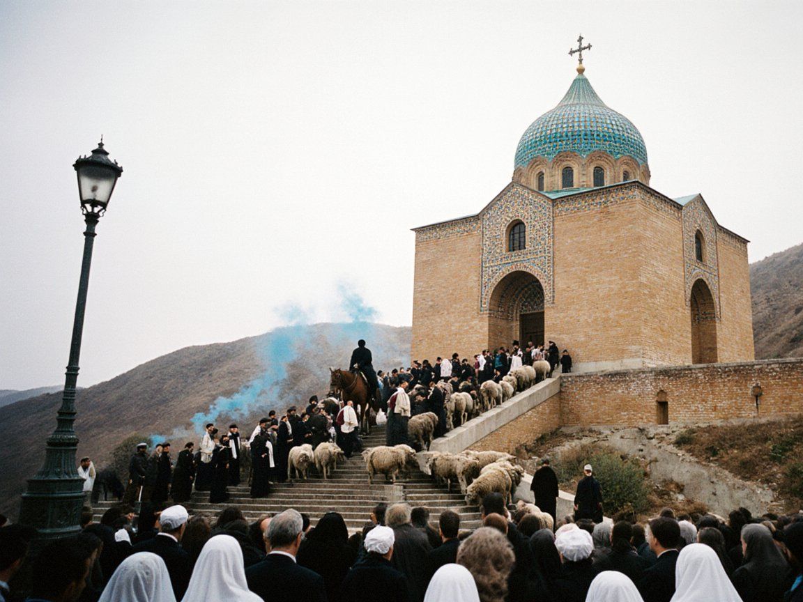 The yellow-brick Church of St. Janyl with its turquoise ribbed dome, above a crowded esplanade on the feast day