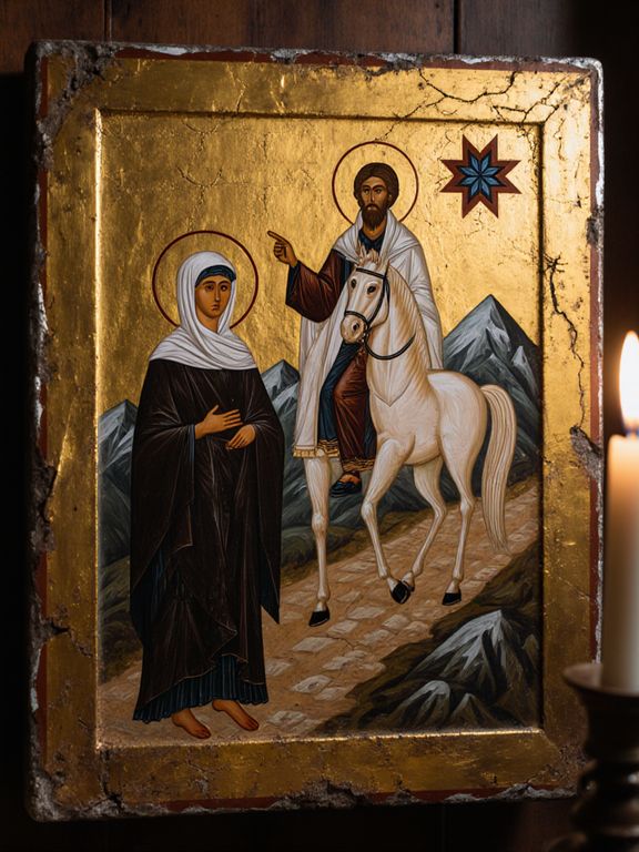 An old gilded icon of St. Janyl beside the White Rider on a white horse, who points to an eight-pointed star