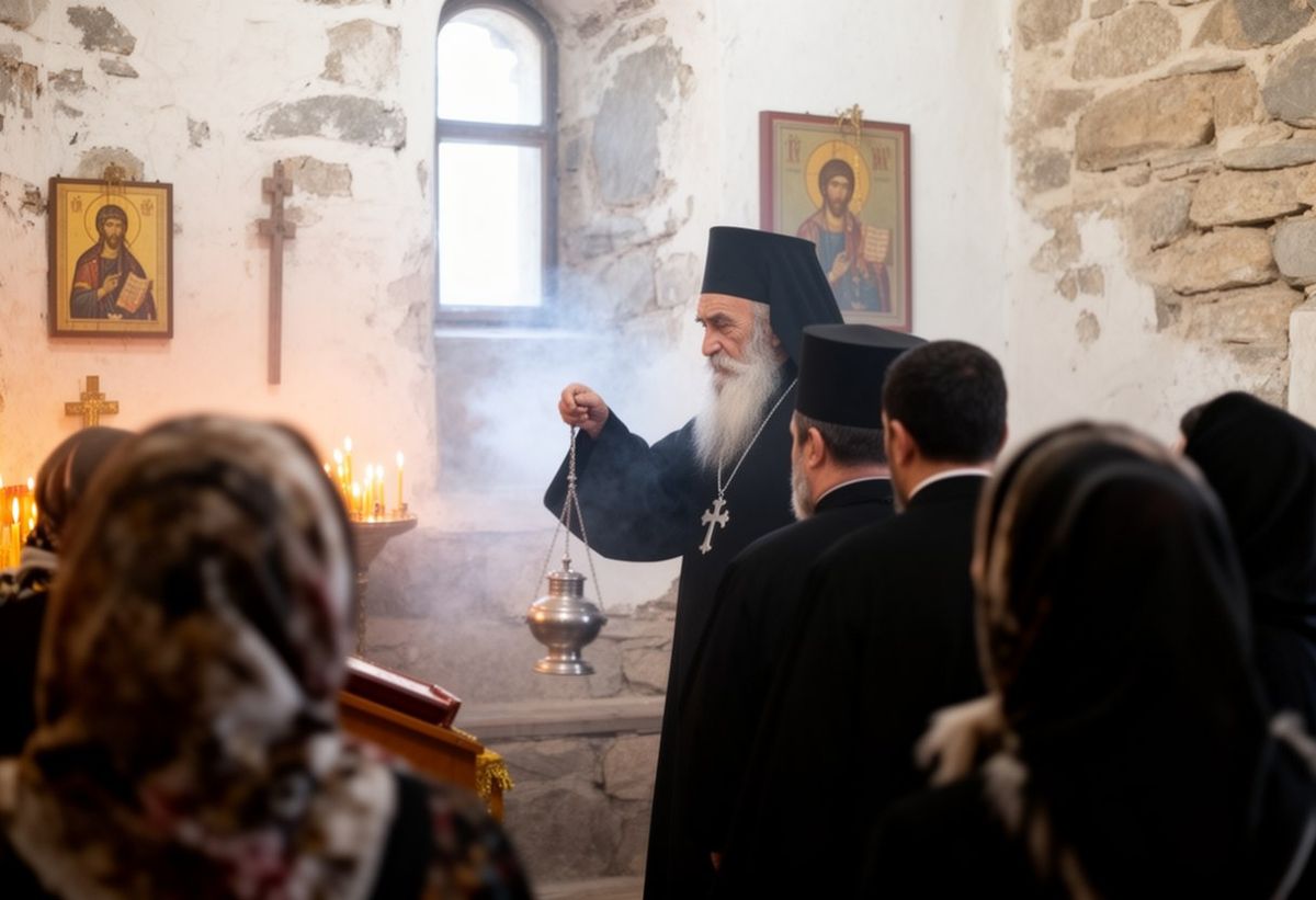 Mar Ephrem, an old bishop with a white beard in a black hat and veil, censing with a thurible